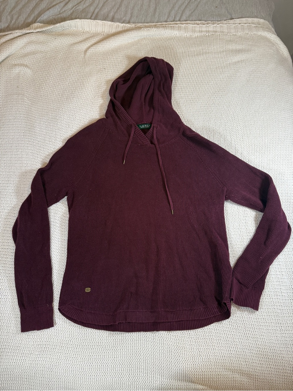 Lauren Ralph Lauren Burgundy Waffle Knit Hooded Sweater – 100% Cotton